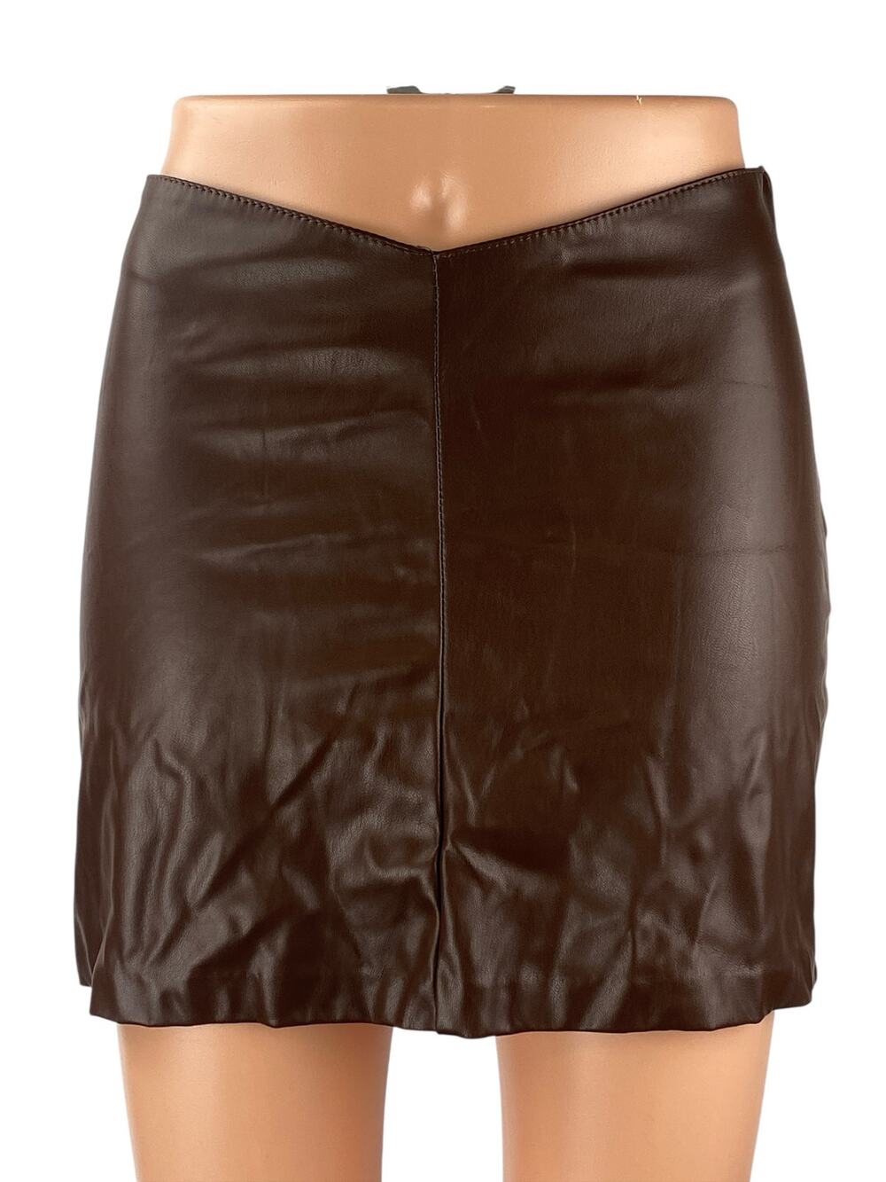 H&M Brown Faux Leather Vegan Mid Waist Y2k Zip Boho Pencil Mini Skirt Size XS